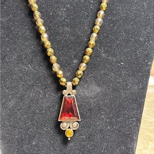 Artisan Glass Bead Statement Necklace with Red Pendant